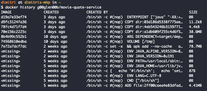 Docker history command output